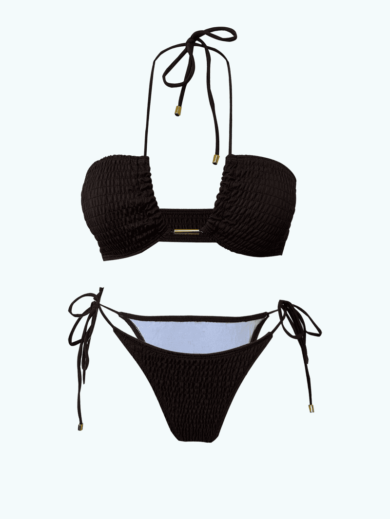 Costume da bagno sexy senza spalline da donna a pieghe bikini tinta unita