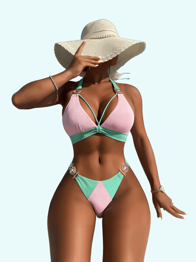 Bikini a vita alta con lacci Colorblock