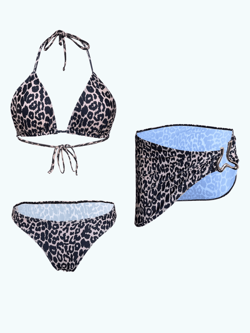Costume da bagno a tre pezzi con stampa leopardata