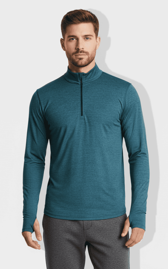 Men's 1/4-Zip Baselayer, teal heather performance fabric with thumbholes for cold weather layering