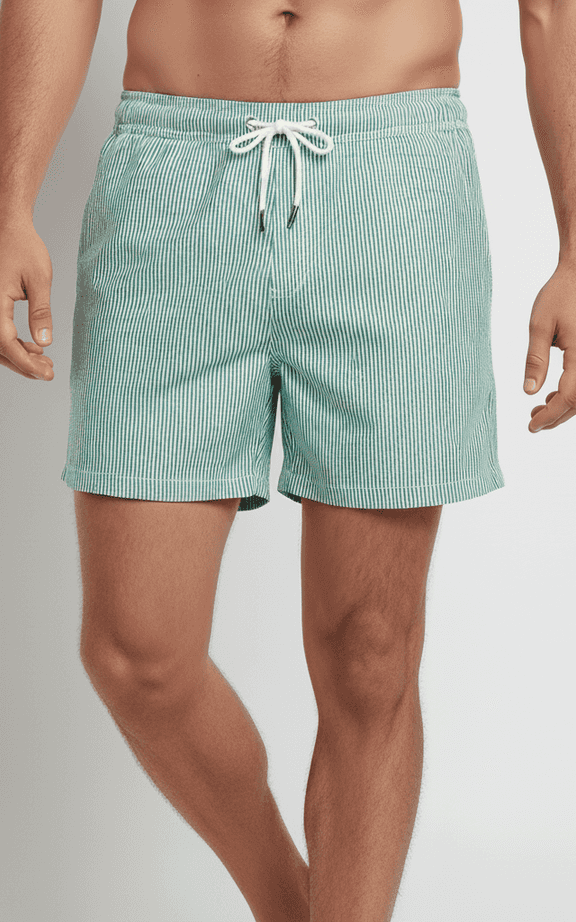 Seersucker Stripe Swim Trunk Green, vertical stripe pattern, puckered seersucker fabric texture, classic nautical style