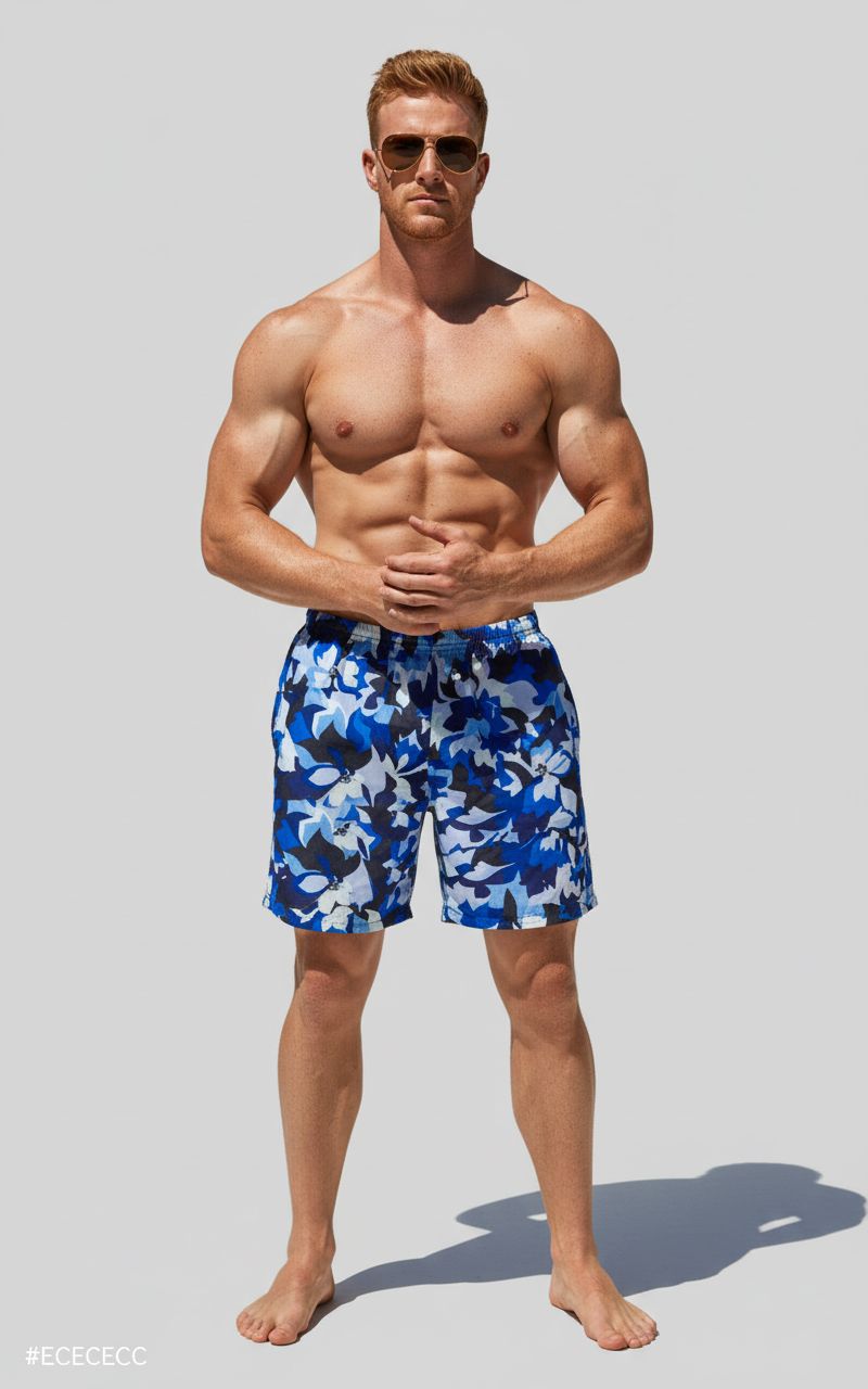 Pantaloncini da bagno ad abbronzatura penetrante da uomo con motivo camouflage floreale blu.